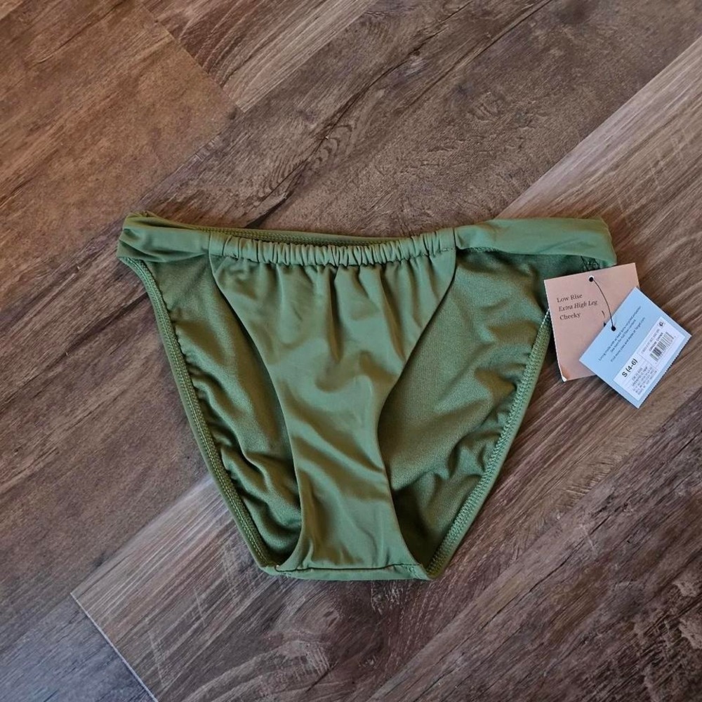 Shade &Shore Olive Green Low Rise Extra High Leg Cheeky Bikini Bottom Size S NWT